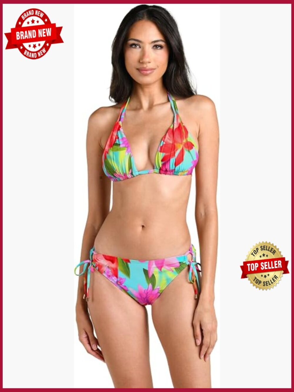 Halter Triangle Bikini Top Adjustable Ties Molded Cups Ruching Nylon Blend